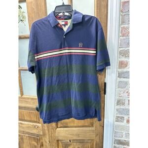 Tommy Hilfiger Polo Shirt Mens Medium Blue Green Striped Vintage 90s Crest Logo